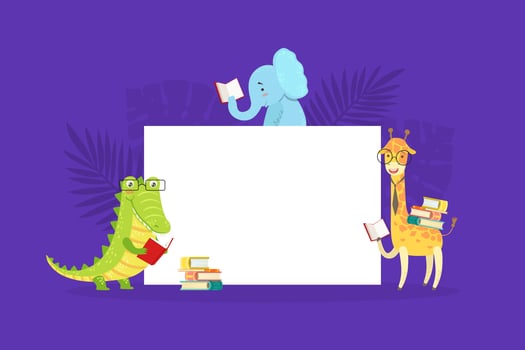 Cute Wild African Animals with Blank Banner, Crocodile, Elephant, Giraffe with Blank Sign Board Reading Books Cartoon Illustration vector