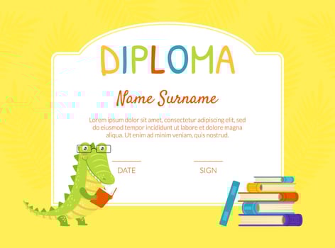 Kids Diploma Template, Educational Certificate for Children with Cute Reading Crockodile Cartoon Illustration vector