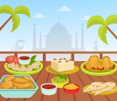 Indian Cuisine, National Tasty Food Dishes on Wooden Table on Background of Taj Mahal Building Illustration vector