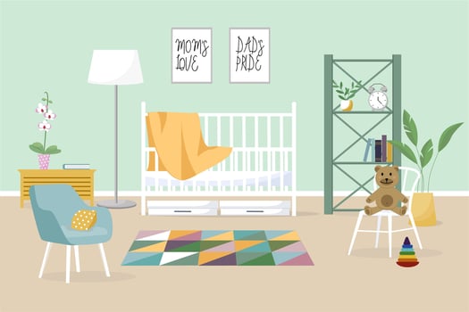 Interior of a modern children's room. banner. Design of a cozy room with a playpen, an armchair, furniture, toys and decor items. vector