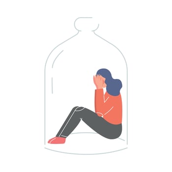 Upset Young Woman Sitting under Glass Dome, Depression, Loneliness Illustration vector