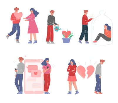 Loving Couples Relationships Set, Online Dating, Unrequited or Rejected Love, Man Trying to Present his Heart to Beloved Illustration vector