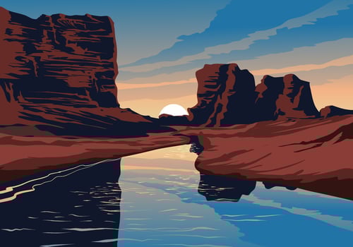 Canyon sunset illustration with river vector