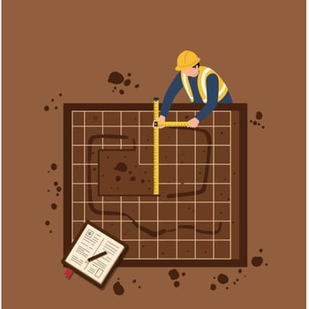 Construction worker measuring blueprint plan with tape illustration in brown background vector