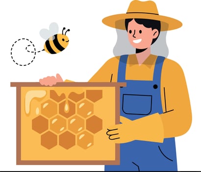 Beekeeper Holding Honeycomb Frame with Bee in Yellow and Blue Clothing Illustration vector