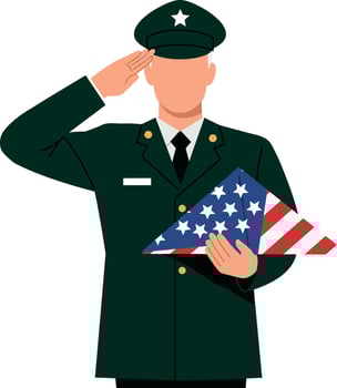 Military soldier saluting while holding folded American flag in uniform illustration vector