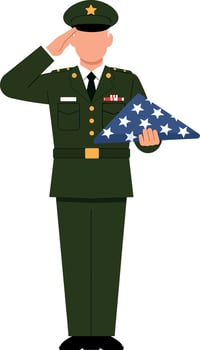 Military soldier saluting and holding folded American flag in uniform illustration vector