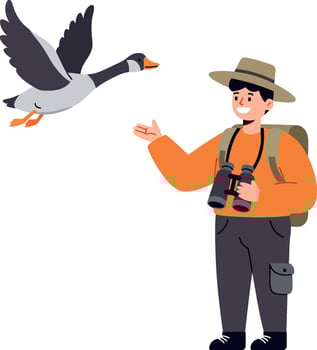 Wildlife photographer observing flying goose with binoculars in outdoor nature scene illustration vector