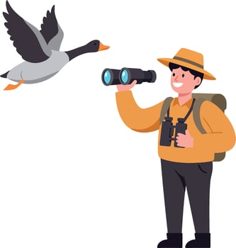 Birdwatcher observing flying goose with binoculars nature hobby wildlife activity vector