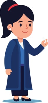 Woman wearing long blue coat raising hand cartoon character illustration vector