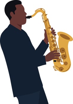 Man playing golden saxophone musical instrument illustration in dark clothing vector
