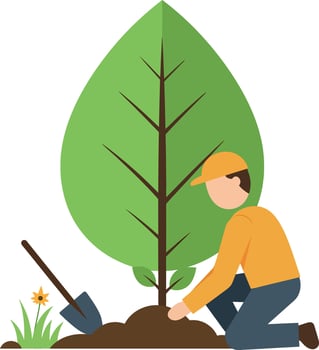 Man planting tree with shovel green leaves environmental care illustration vector