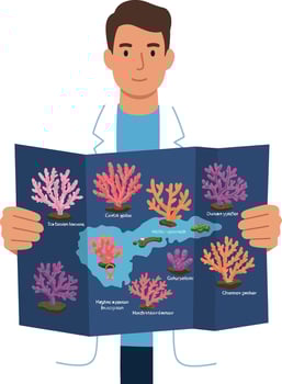 Male scientist holding coral reef map educational marine biology illustration vector