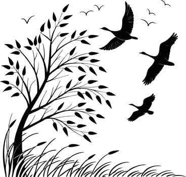 Flying Birds Silhouette Line Art Minimalist Sky art vector