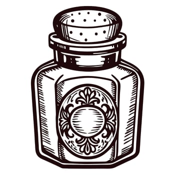 Vintage ink jar with ornate design and perforated lid in black and white vector