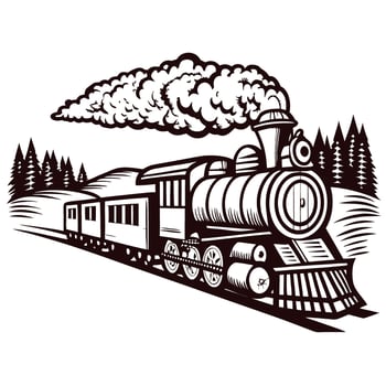 Vintage steam train traveling through forested landscape with smoke billowing vector