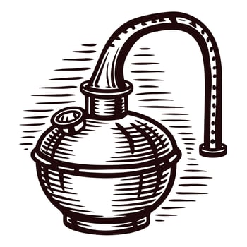 Vintage distillation apparatus sketch with curved tube and textured details vector