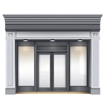 Elegant storefront facade with glass windows and doors, showcasing architectural design and retail space for business or shop png