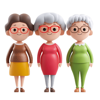 Three senior women 3D cartoon characters standing together, wearing glasses and colorful outfits Concept of friendship, aging, and diversity on a transparent background png