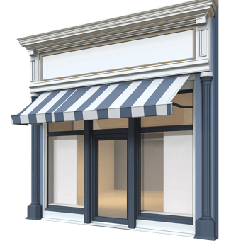 Storefront facade with blue and white striped awning and blank sign, perfect for branding and advertising mockups in retail and commercial design png
