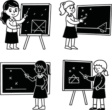 Cute black and white cartoon girls teaching mathematics on chalkboard vector