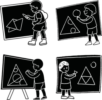 Children learning geometry shapes on blackboards in black and white doodle style vector