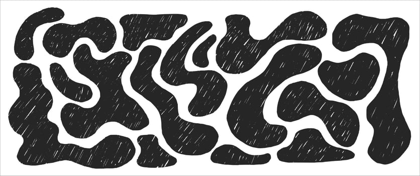 Dynamic abstract shapes black and white illustration, doodle. Hand drawn geometric flowing shapes in charcoal. Black shapes drawn in crayon vector