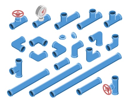 Isometric illustration of various blue plumbing and water pipeline components with valves, gauges and connectors for industrial fluid systems vector