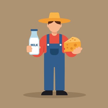 Farmer holding milk bottle and cheese dairy product illustration in flat style vector