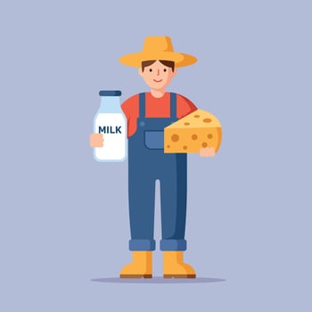 Farmer holding milk bottle and cheese illustration in flat style vector