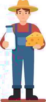 Farmer holding glass bottle of milk and cheese illustration in flat style vector