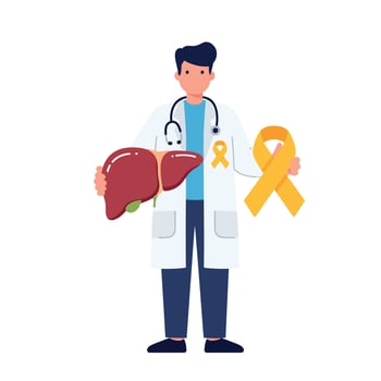 Doctor holding liver and yellow ribbon for liver disease awareness illustration vector