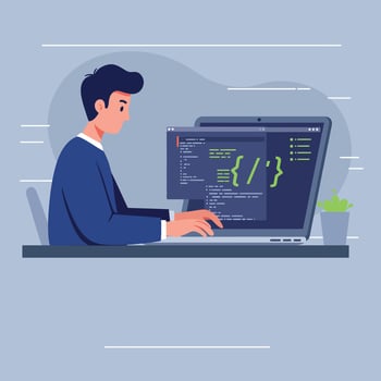 Young man coding software on laptop at desk with plant in modern workspace vector
