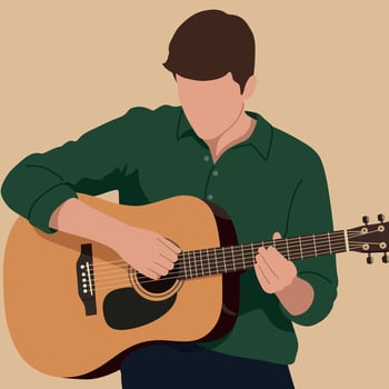 Man playing acoustic guitar in green shirt illustration with beige background vector