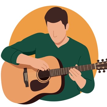 Man playing acoustic guitar in green sweater with orange background illustration vector