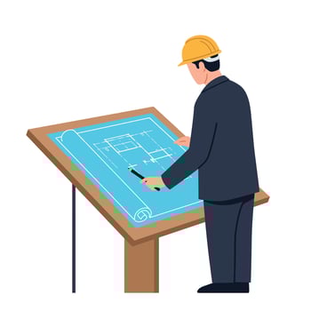 Construction engineer working on architectural blueprint plan with safety helmet illustration vector
