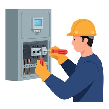 Electrician repairing circuit breaker panel with screwdriver and pliers in safety helmet and gloves illustration vector