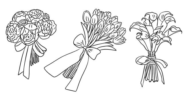 Hand drawn black and white doodle illustration of three flower bouquets with ribbons. Elegant floral composition representing wedding, celebration and romance vector