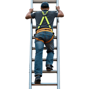 Construction worker climbing a ladder, viewed from the side, safety harness visible, transparent background png