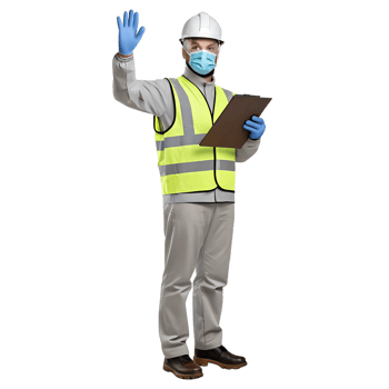 3D render of a construction worker waving, holding a clipboard, in full PPE, with a transparent background png