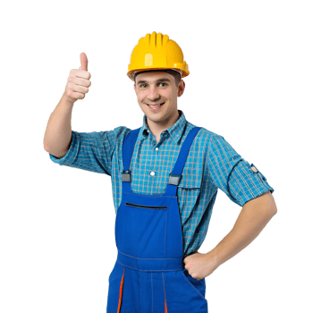 Cartoon-style construction worker in blue overalls and a yellow hard hat, giving a thumbs up, transparent background png