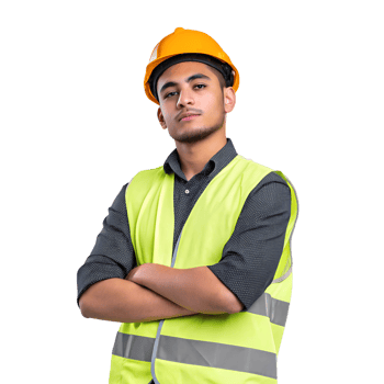 Young construction worker in a neon safety vest, hard hat tilted slightly, arms crossed, isolated on transparent background png