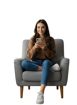 Relaxed young woman sitting cross legged in a chair while using smartphone. casual lifestyle, tech use, and social media concept. png