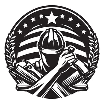Construction worker tradesman logo design with stars and stripes in black, labor day vector