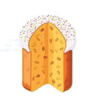 Easter cake front view in cartoon style. Illustration of tasty Easter cake cut, dough with raisins, sweet white icing, colored round sprinkles isolated on white background. Easter holiday. vector