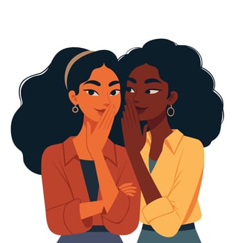 Women gossiping, Two girls communicate by covering their mouths with their hands, flat design vector