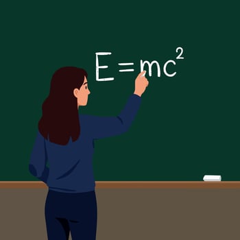 Woman writing physics formula on green chalkboard in classroom illustration vector