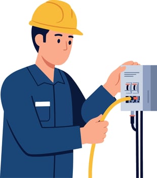 Electrician working with electrical panel and cable in safety helmet illustration vector