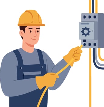 Electrician repairing electrical panel with yellow gloves and helmet illustration vector