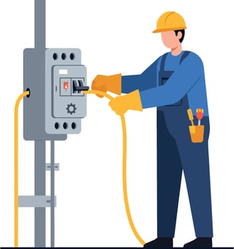 Electrician working with electrical panel wearing safety gear illustration vector